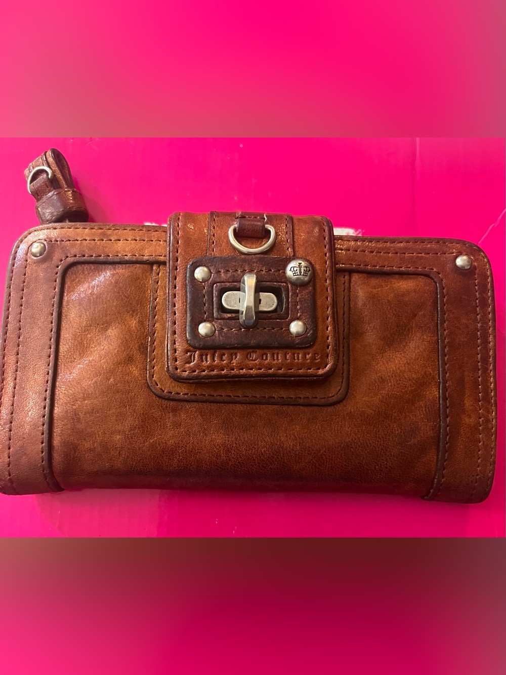 Juicy Couture Rust Distressed Leather TurnLock Wallet Y2K